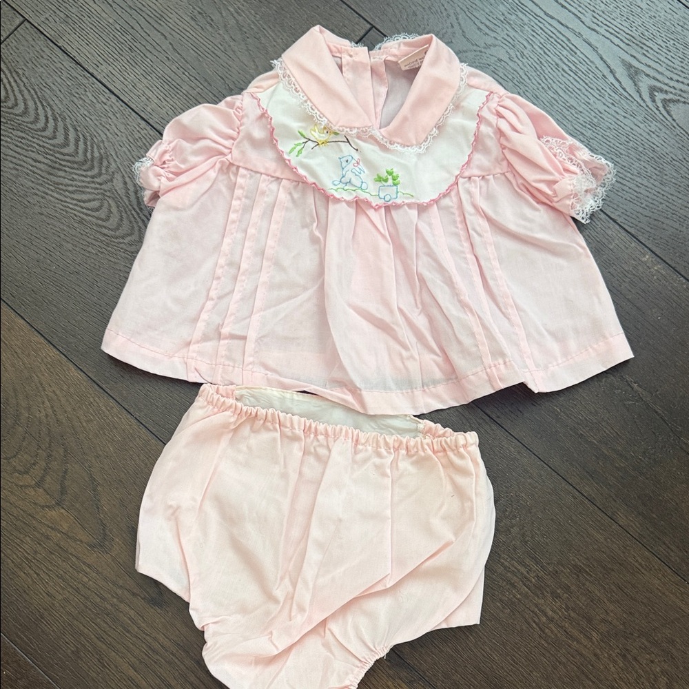 Pink Baby Two-Piece Dress Set with Embroidered Bib - Easter - Vintage 0-3 months